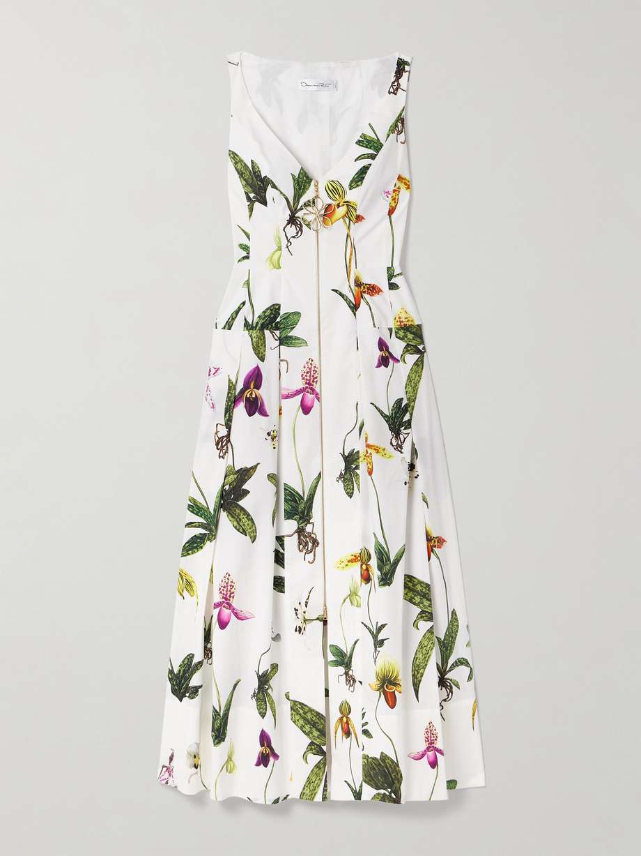 pleated floral-print cotton-blend poplin midi dress