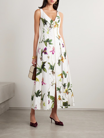 Oscar de la Renta Pleated floral-print cotton-blend poplin midi dress