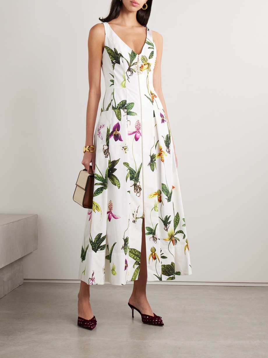 pleated floral-print cotton-blend poplin midi dress