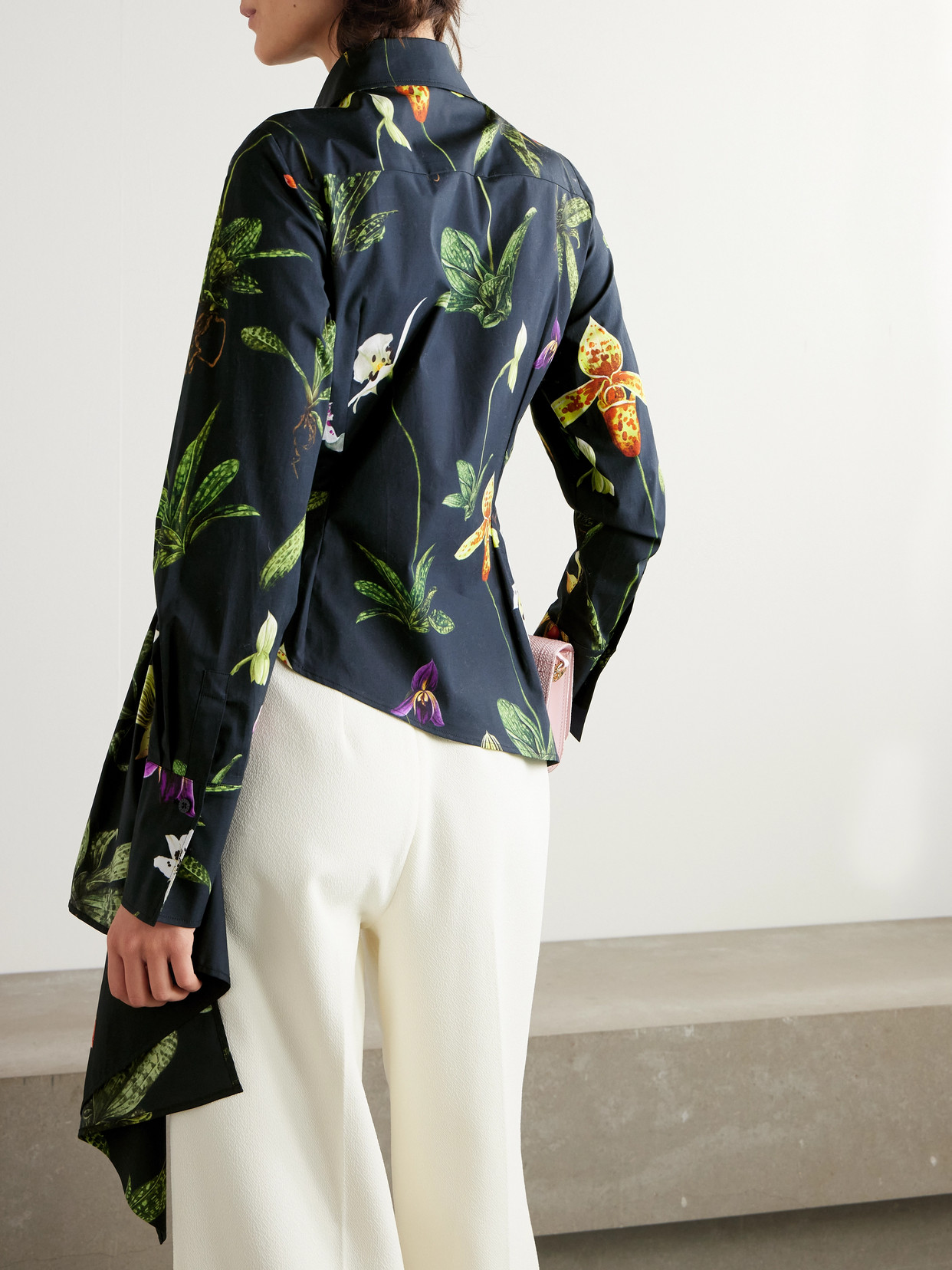 Asymmetric Floral-Print Cotton-Blend Poplin Shirt