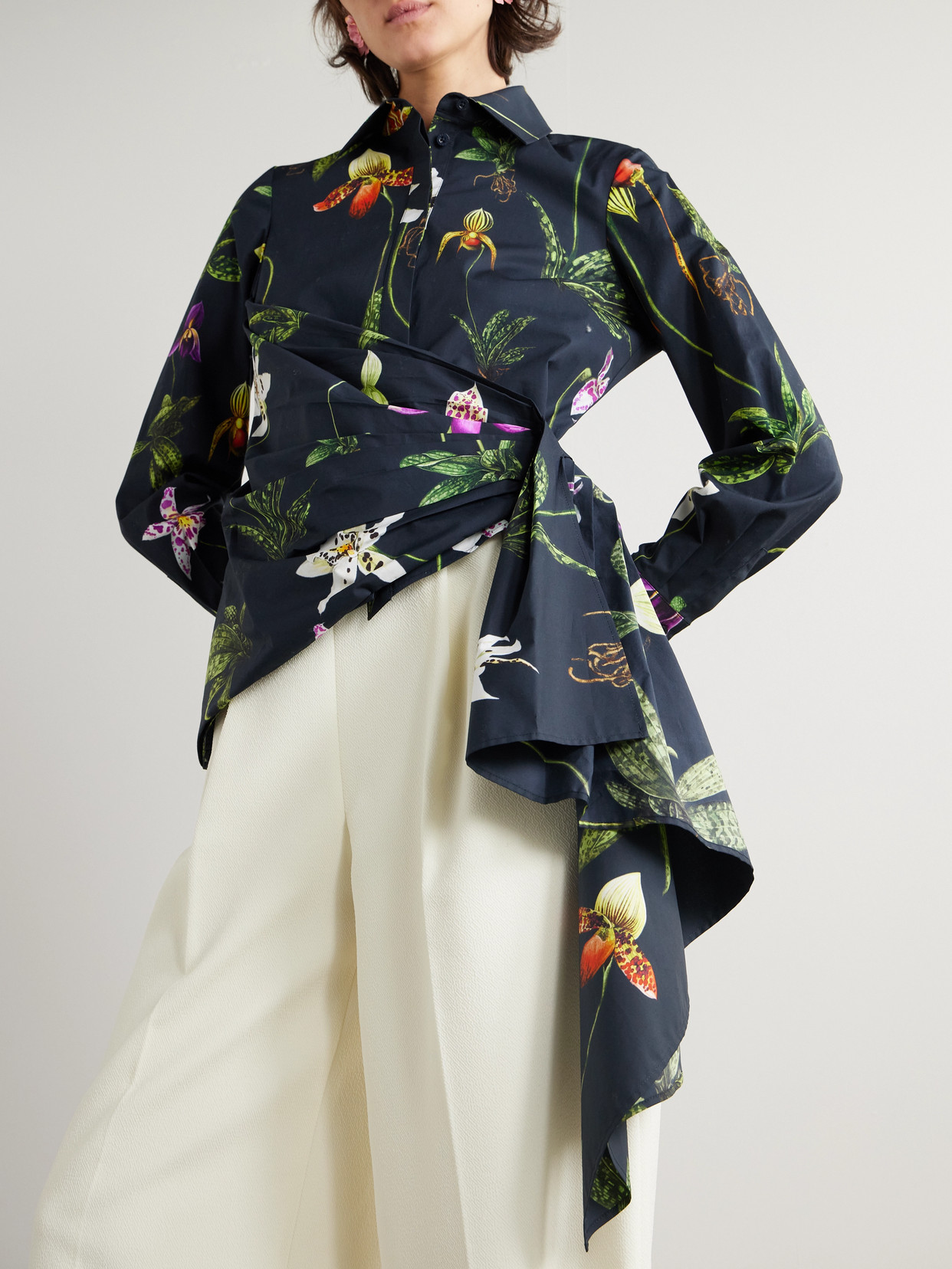 Asymmetric Floral-Print Cotton-Blend Poplin Shirt