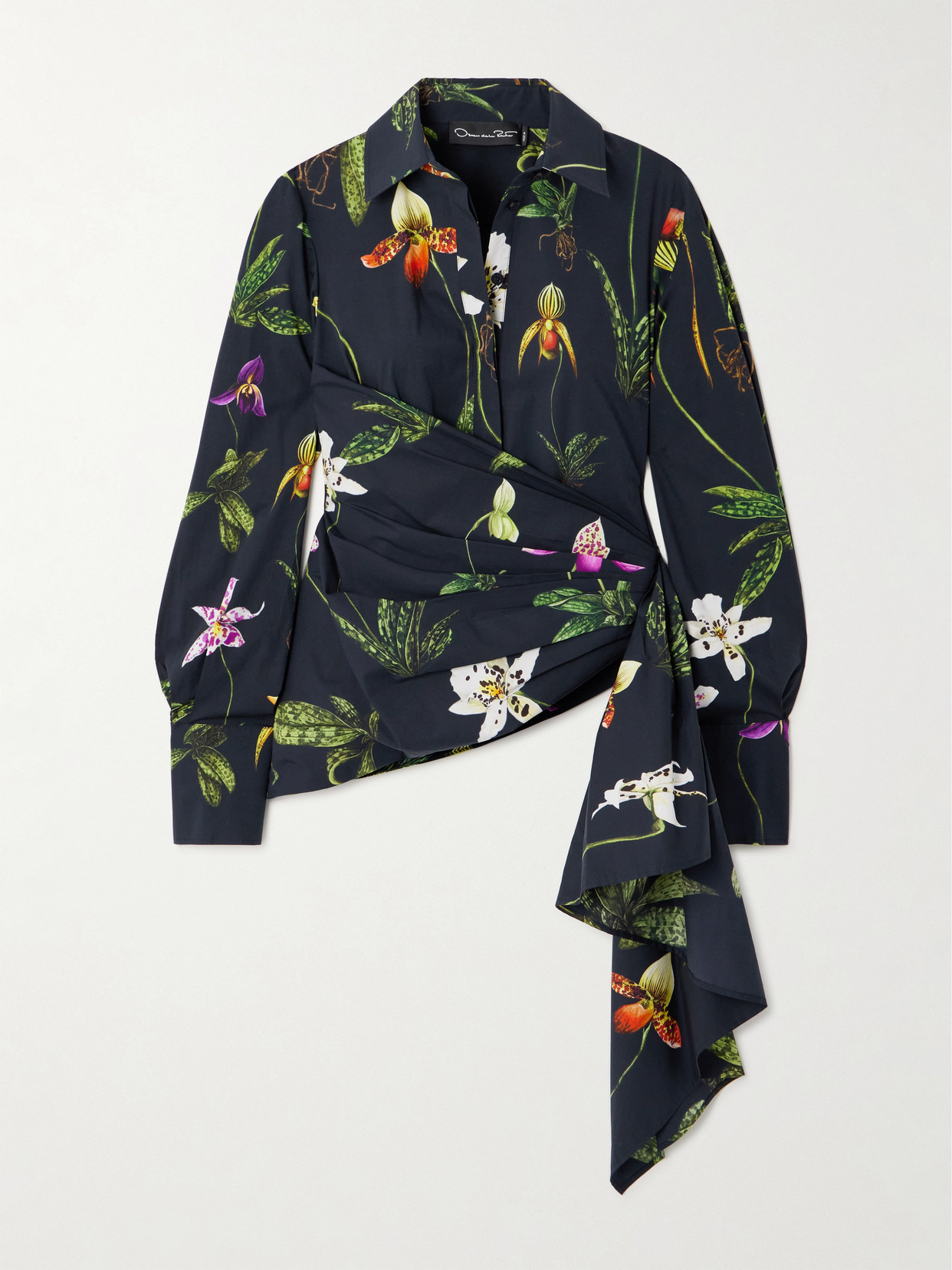 Oscar De La Renta Asymmetric Floral-print Cotton-blend Poplin Shirt In Blue