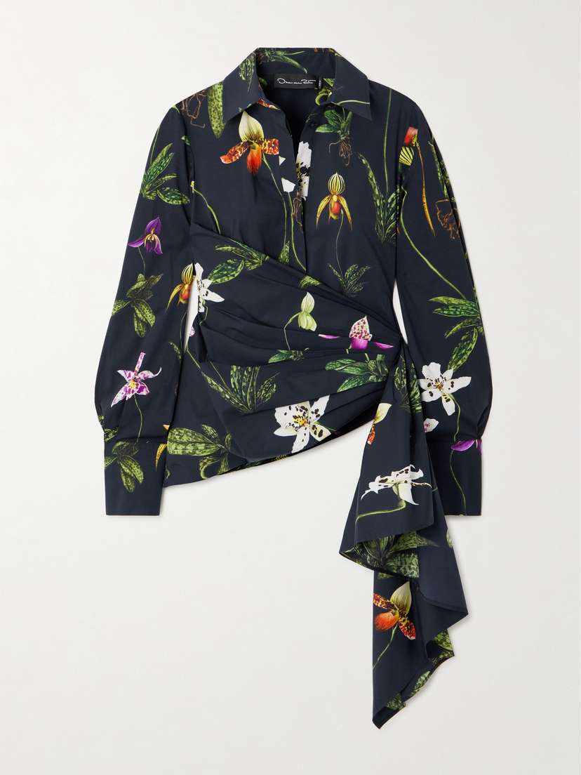 Oscar de la Renta Asymmetric Floral-print Cotton-blend Poplin Shirt
