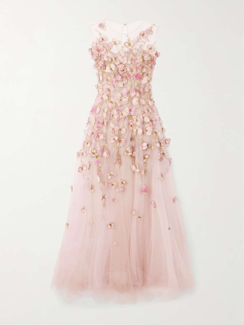Oscar de la Renta Sleeveless Floral-appliquéd Organza Gown
