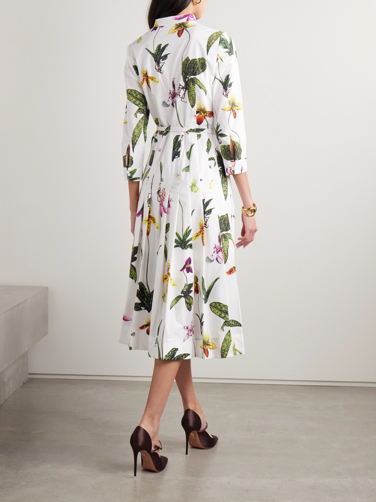 Oscar De La Renta Belted Pleated Floral-print Cotton-blend Poplin Midi Shirt Dress In White