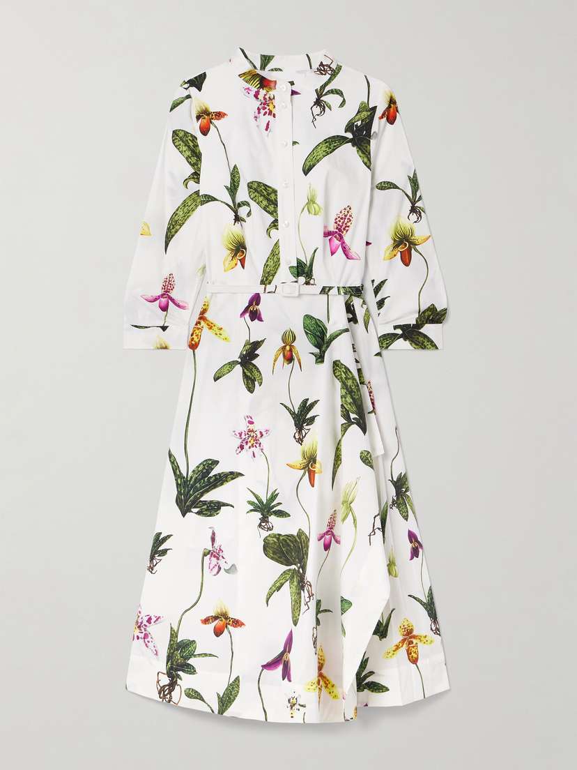Oscar de la Renta Belted Pleated Floral-print Cotton-blend Poplin Midi Shirt Dress