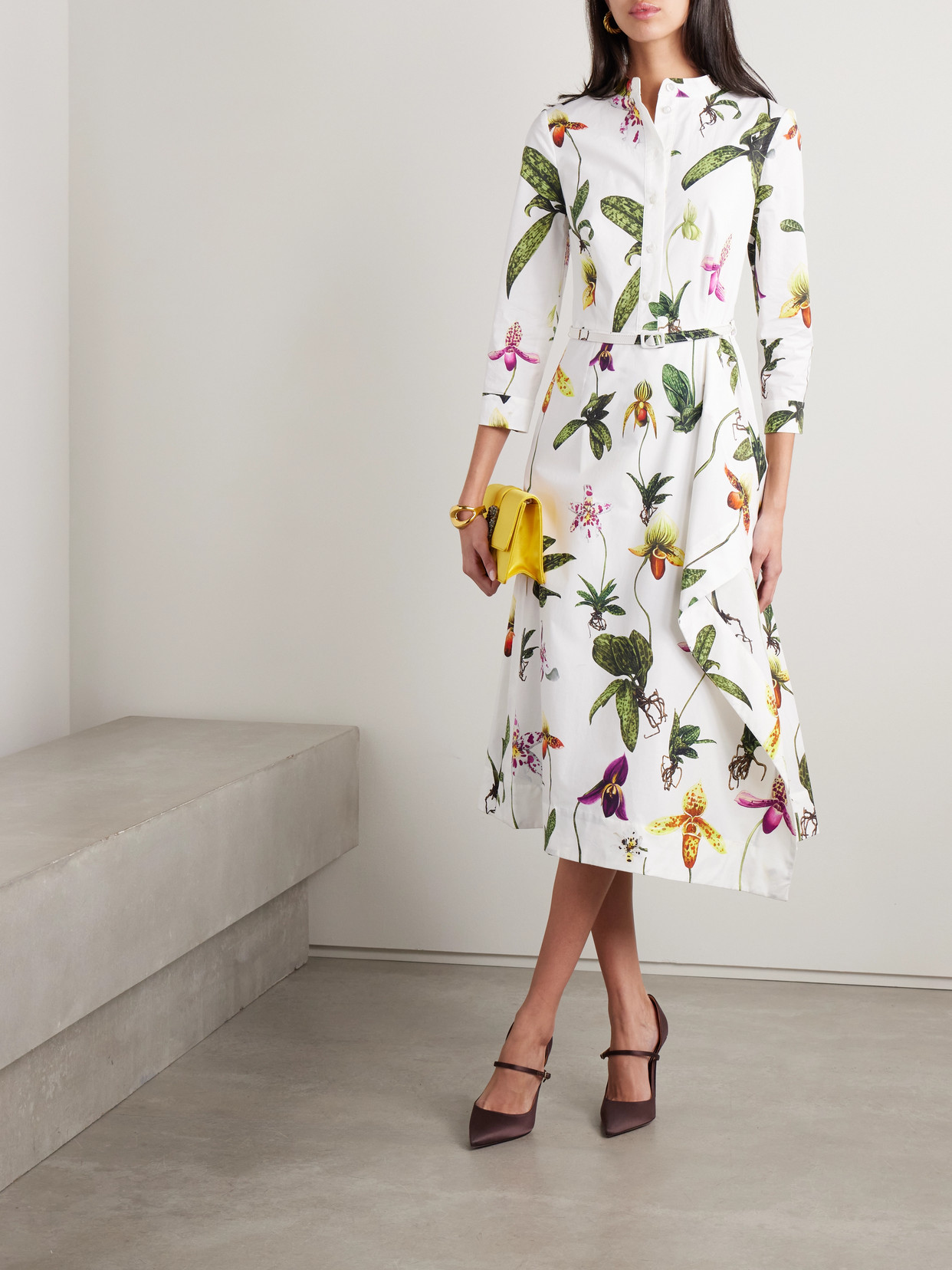 Oscar De La Renta Belted Pleated Floral-print Cotton-blend Poplin Midi Shirt Dress In White
