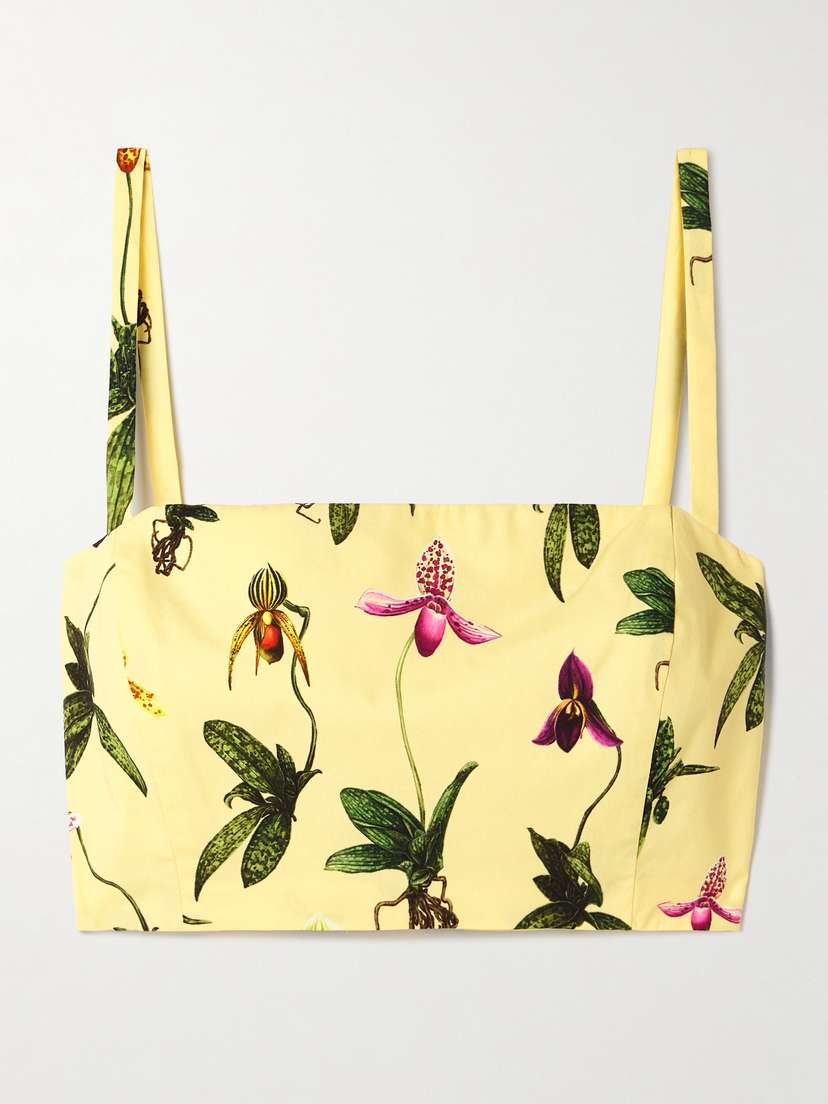 Oscar de la Renta Cropped Floral-print Cotton-blend Poplin Top