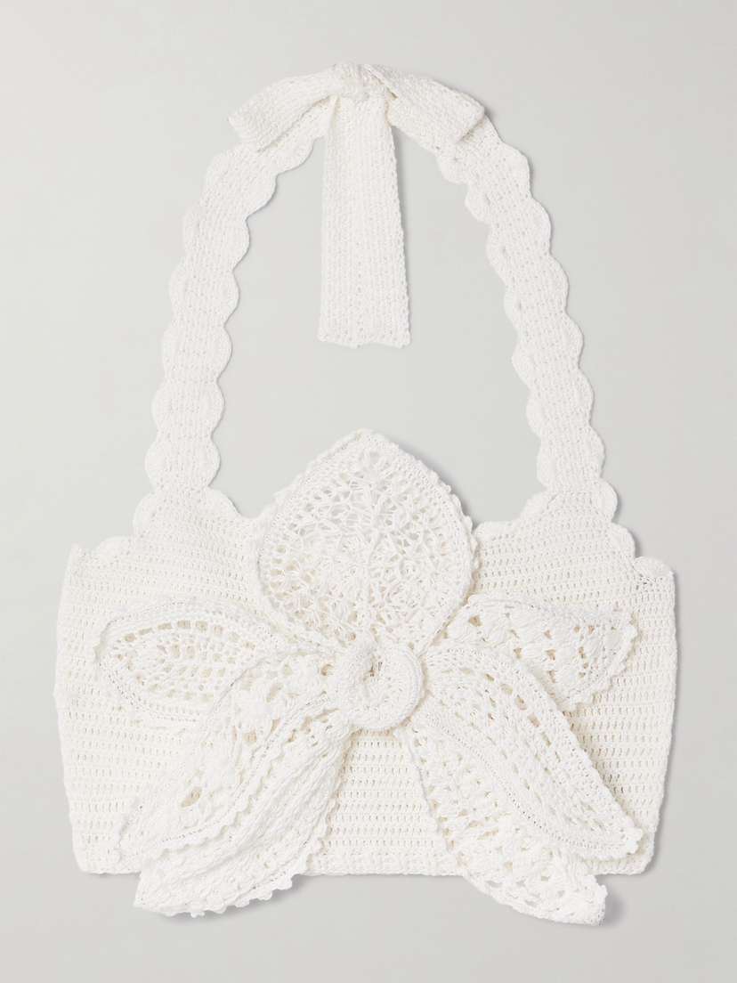 Oscar de la Renta Mia Cropped Appliquéd Crocheted Organic Cotton Halterneck Top