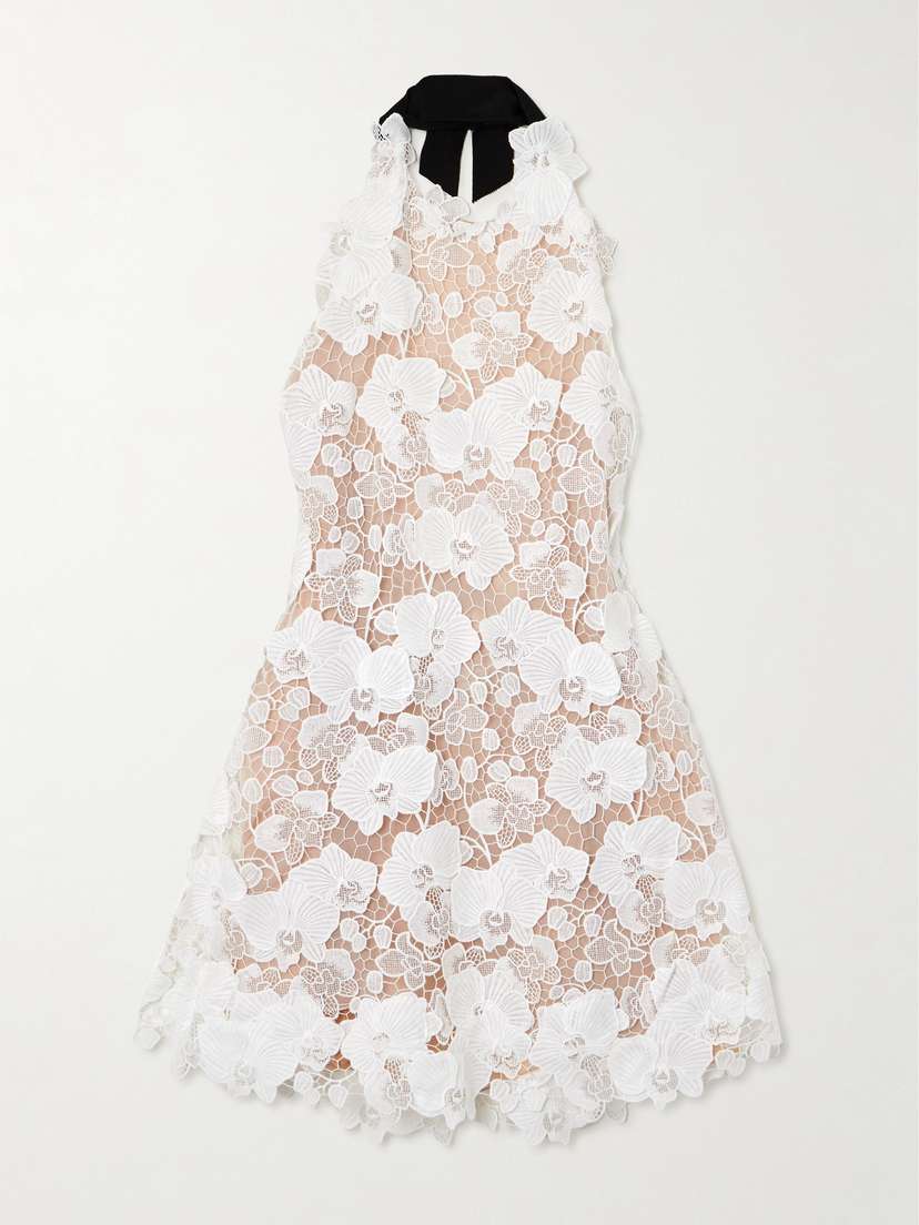 Oscar de la Renta Halterneck Grosgrain-trimmed Guipure Lace Mini Dress