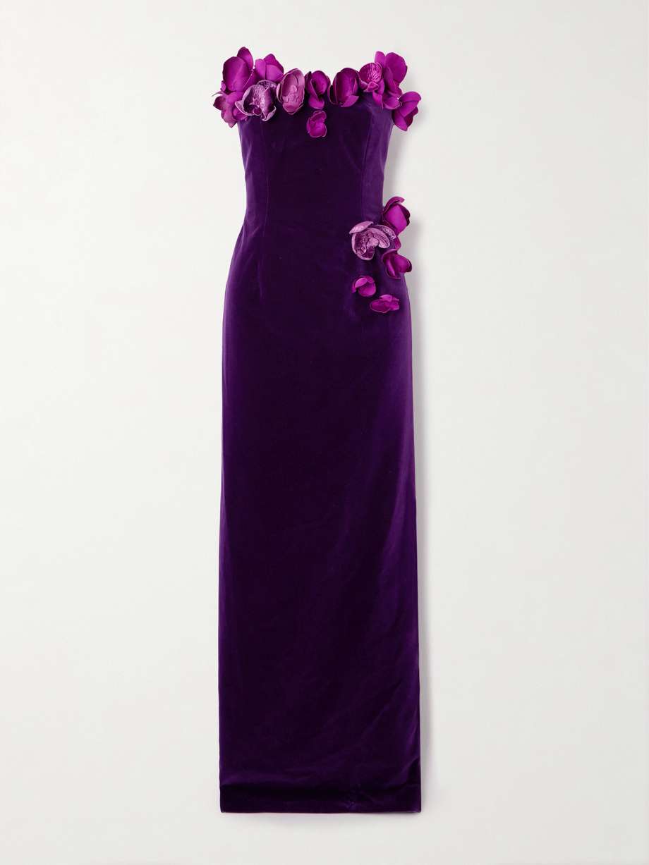 strapless appliquéd cotton-velvet gown