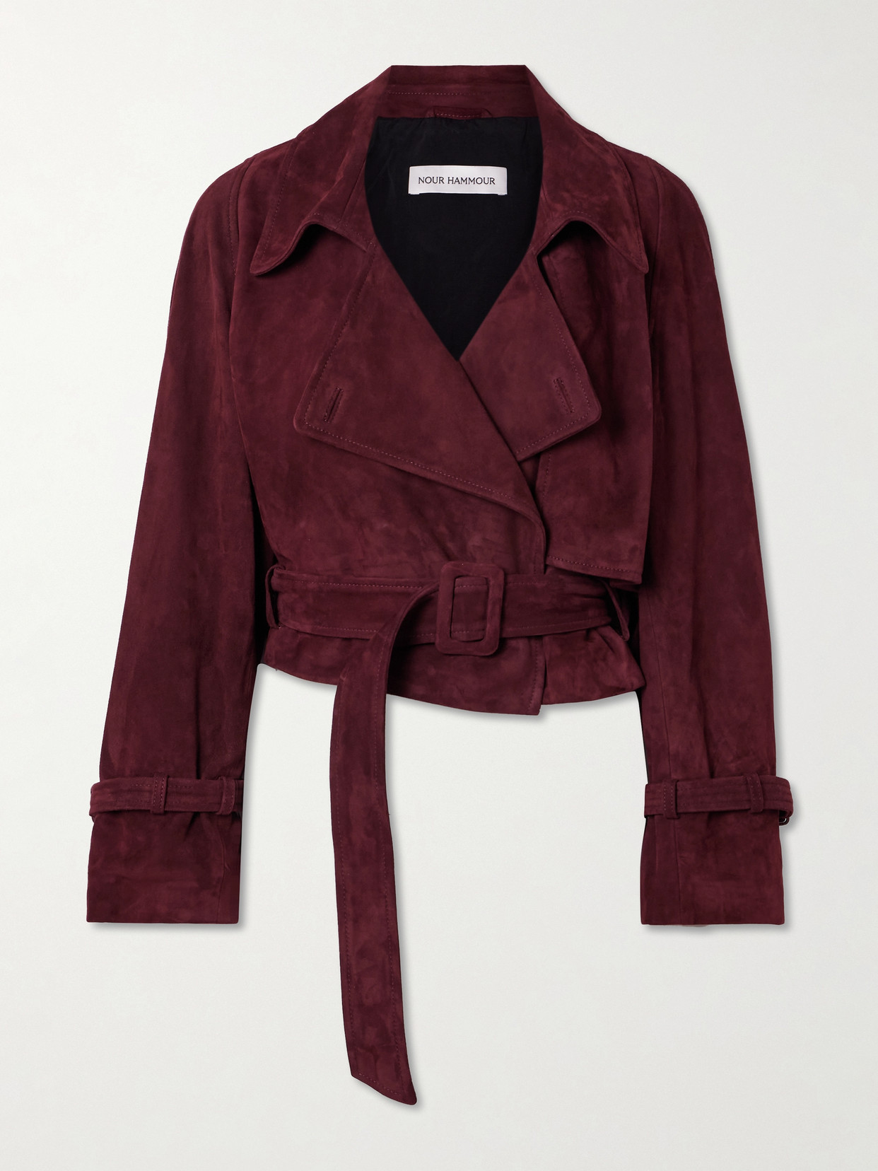 Nour Hammour Hatti Cropped Belted Suede Jacket In Burgundy