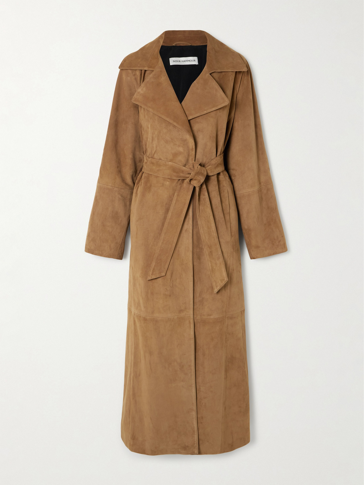 Nour Hammour Althea Belted Suede Coat In Brown