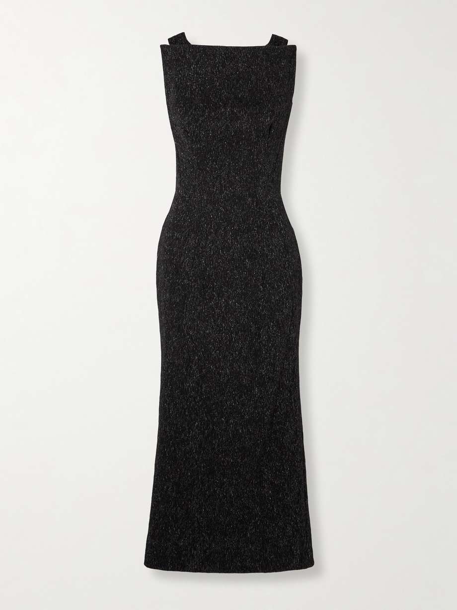singular open-back metallic stretch-knit gown