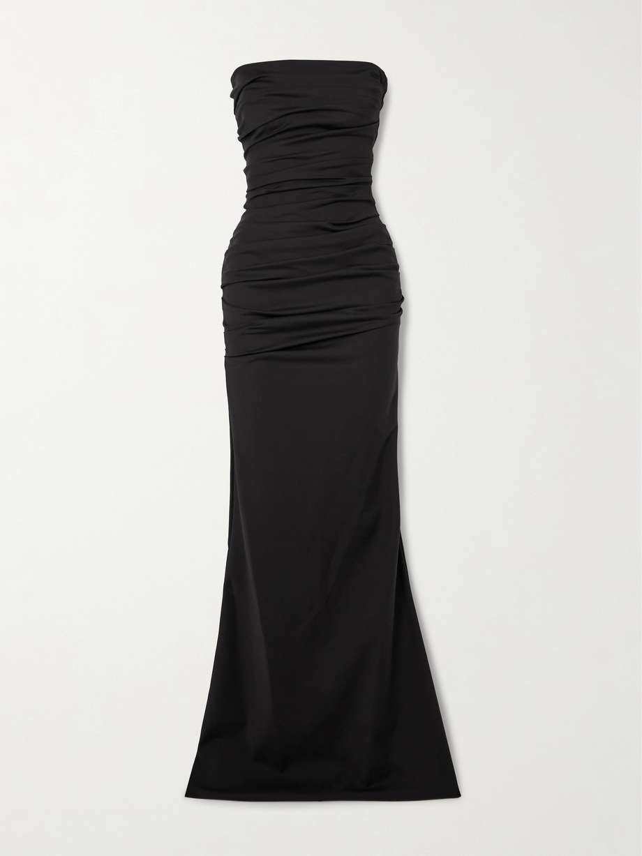intoxicate strapless ruched crepe gown