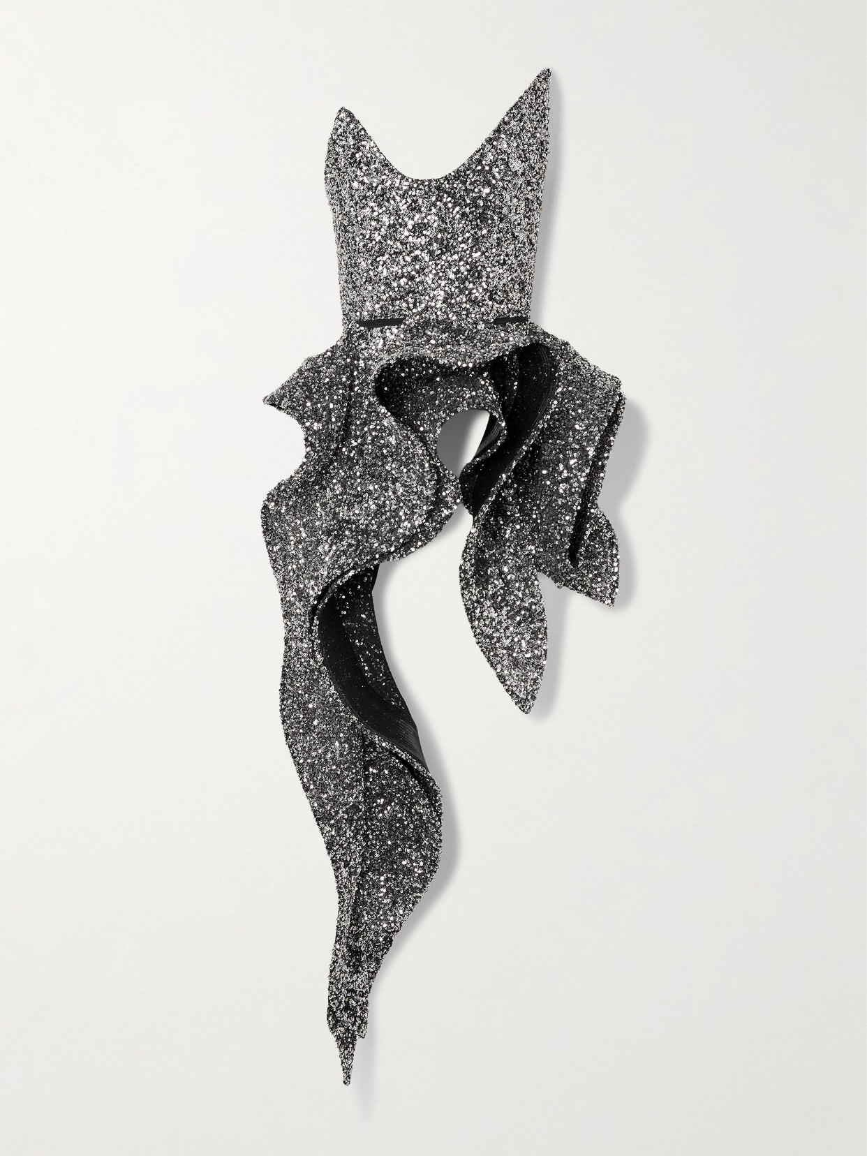 Maticevski Indiscreet Wave Strapless Asymmetric Ruffled Sequined Tulle Top In Silver