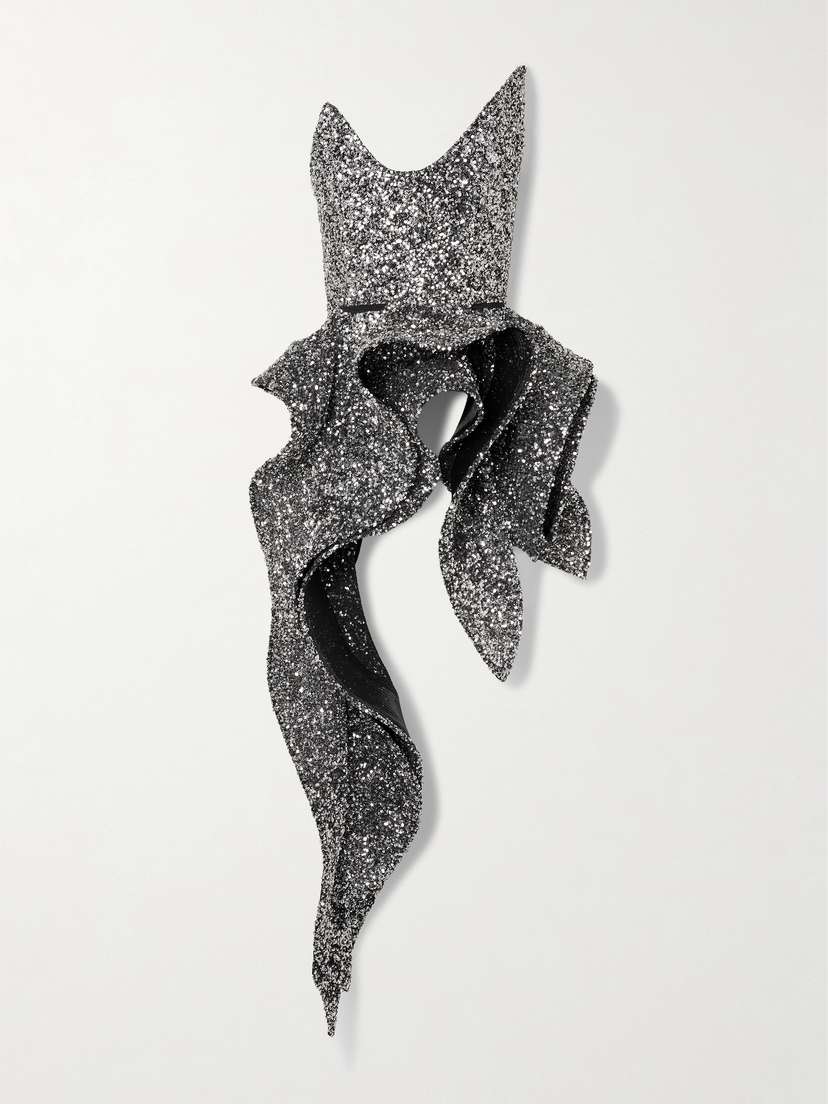 Maticevski Indiscreet Wave Strapless Asymmetric Ruffled Sequined Tulle Top