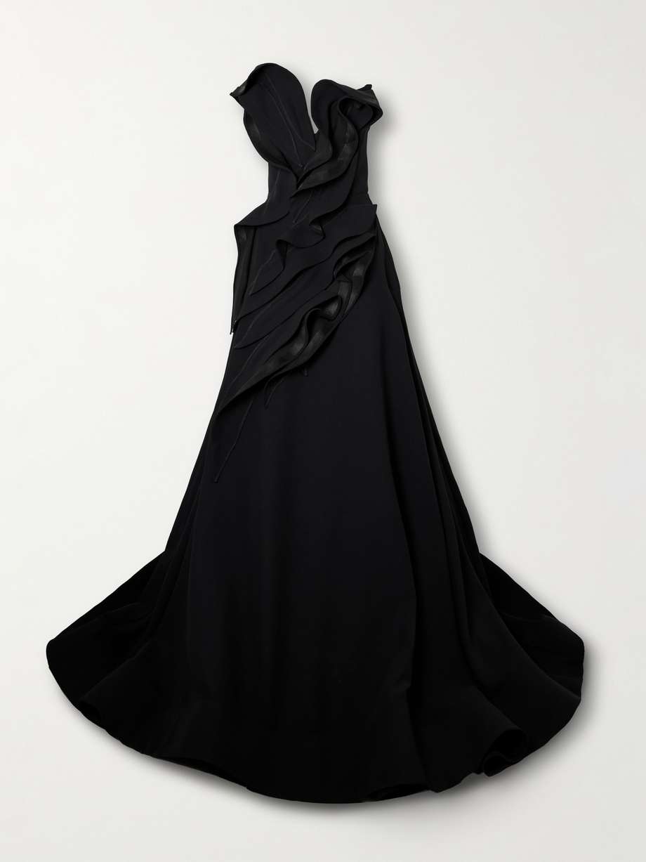 ironworks strapless mesh-trimmed ruffled crepe gown