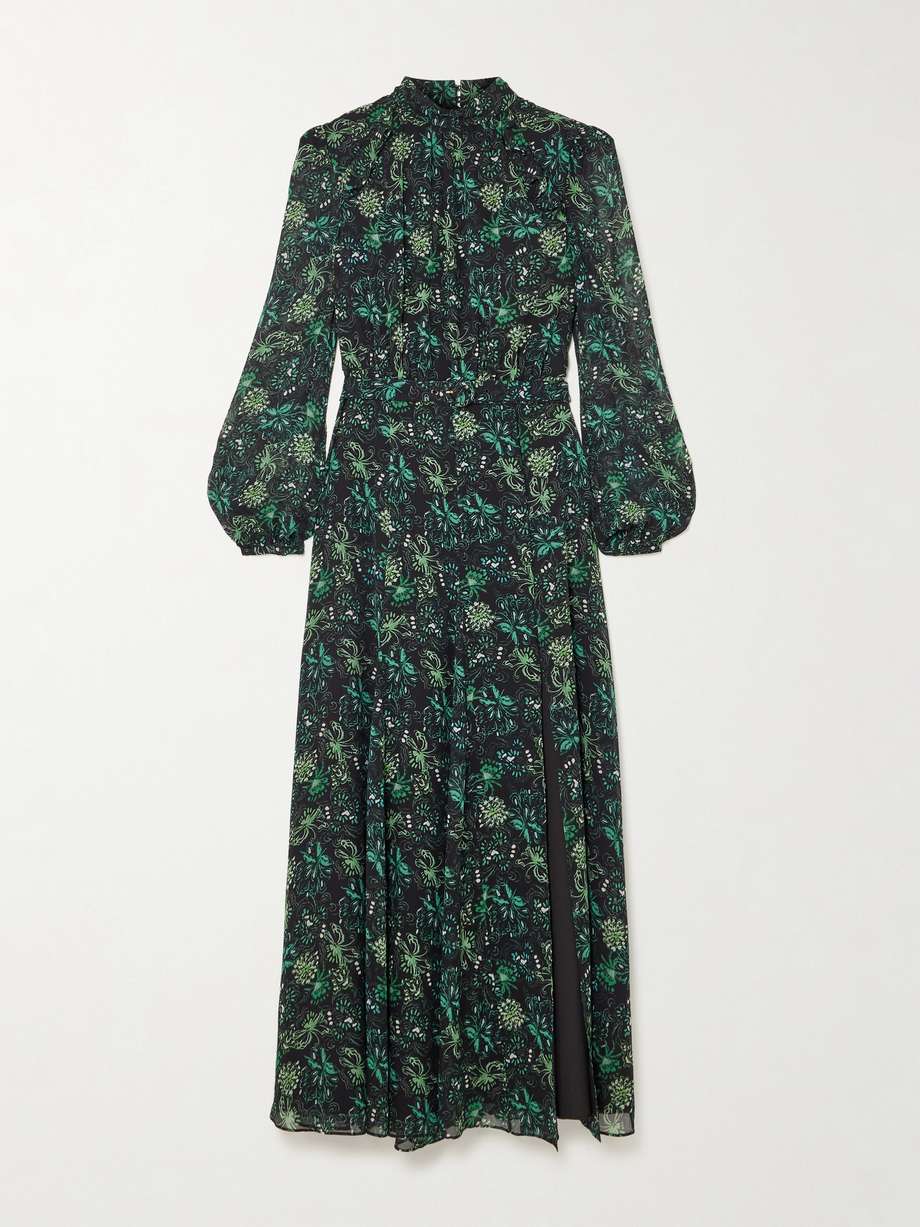 jacqui b belted printed silk-georgette midi dress