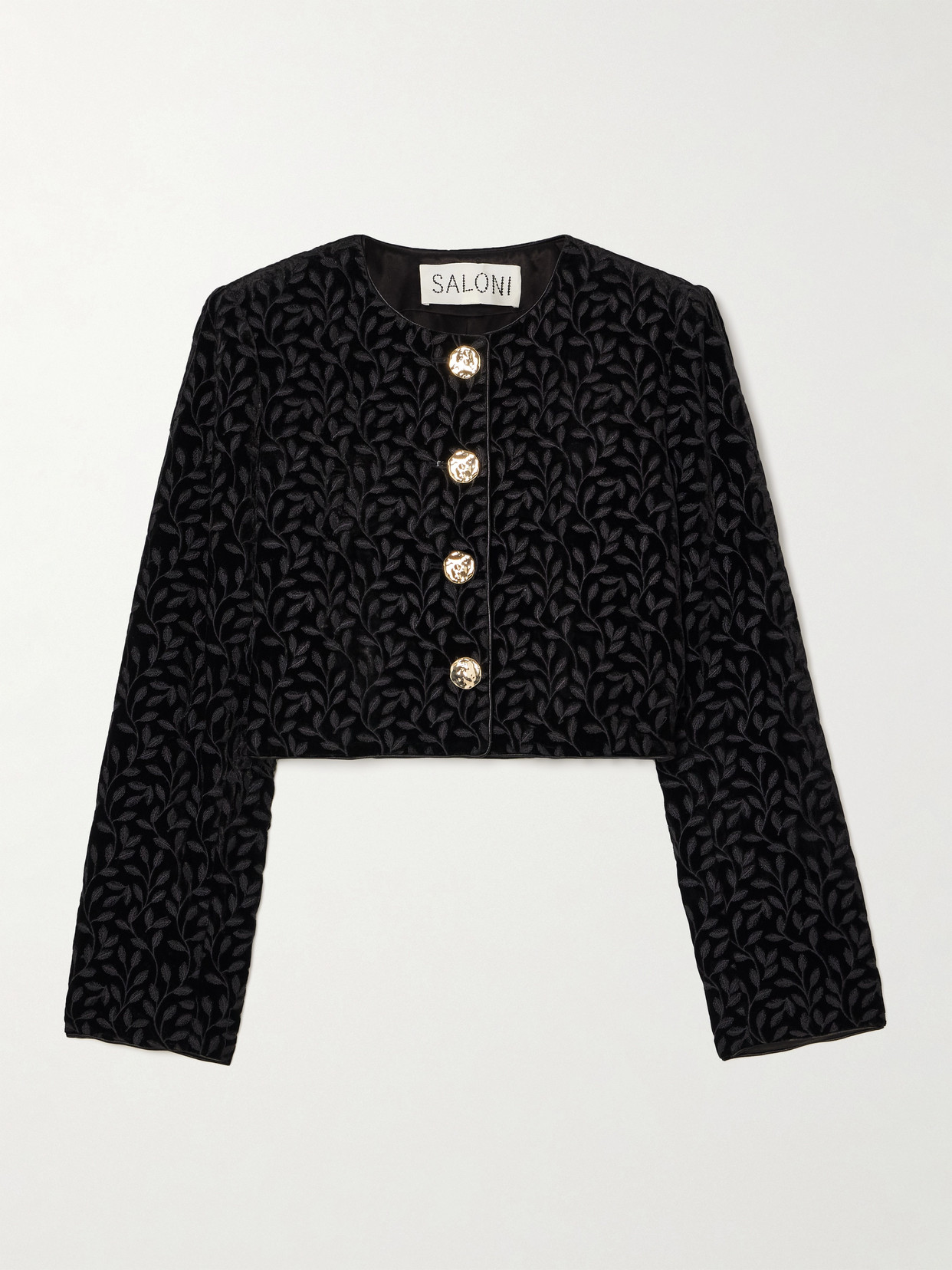 Saloni Vika Cropped Satin-trimmed Velvet-jacquard Jacket In Black