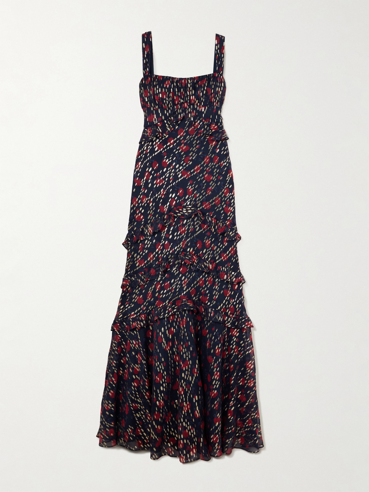 Saloni Chandra Ruffled Ruched Metallic Fil Coupé Silk-blend Maxi Dress In Blue