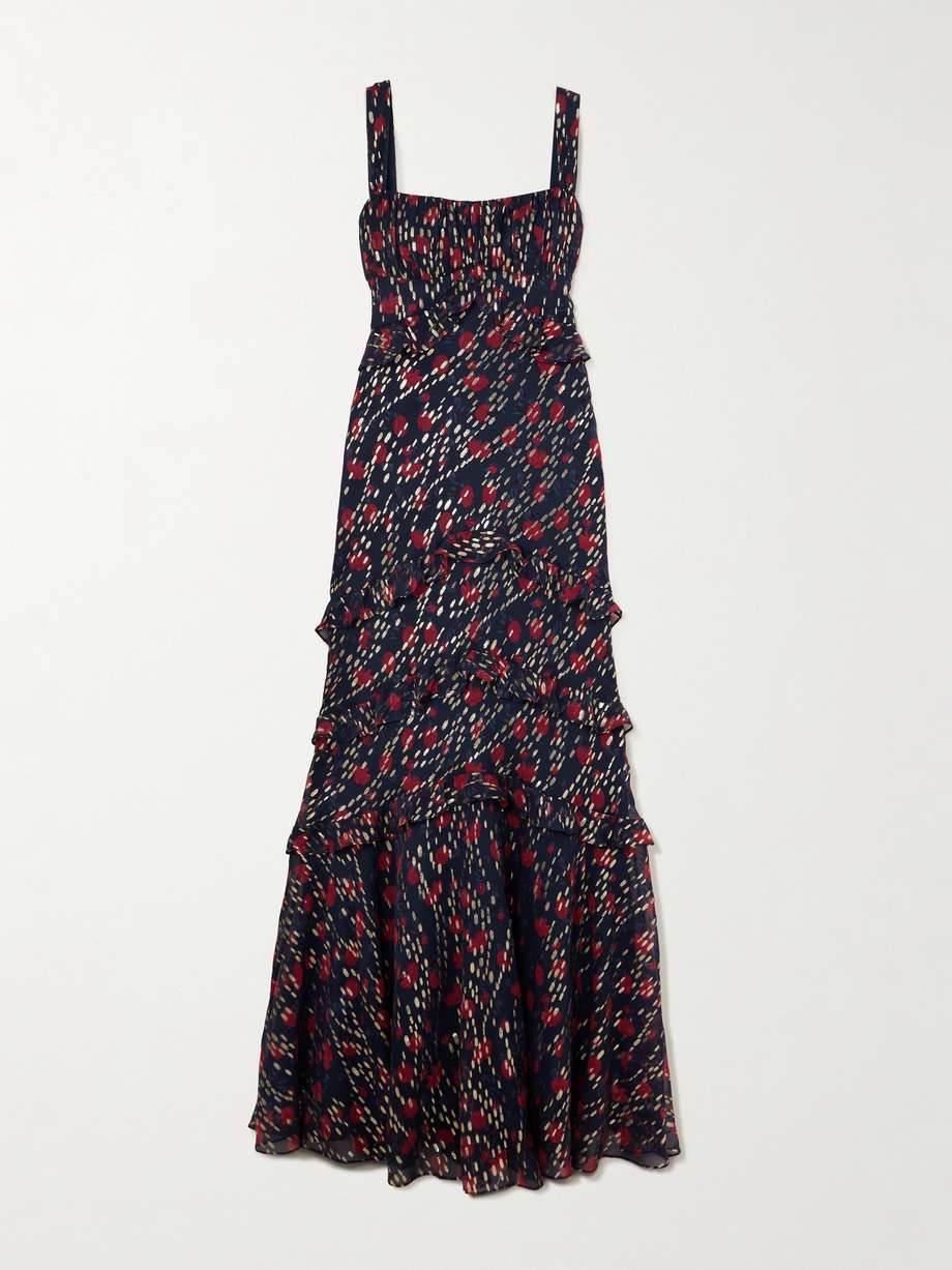 chandra ruffled ruched metallic fil coupé silk-blend maxi dress
