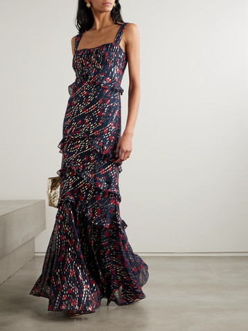 Saloni Chandra ruffled ruched metallic fil coupé silk-blend maxi dress