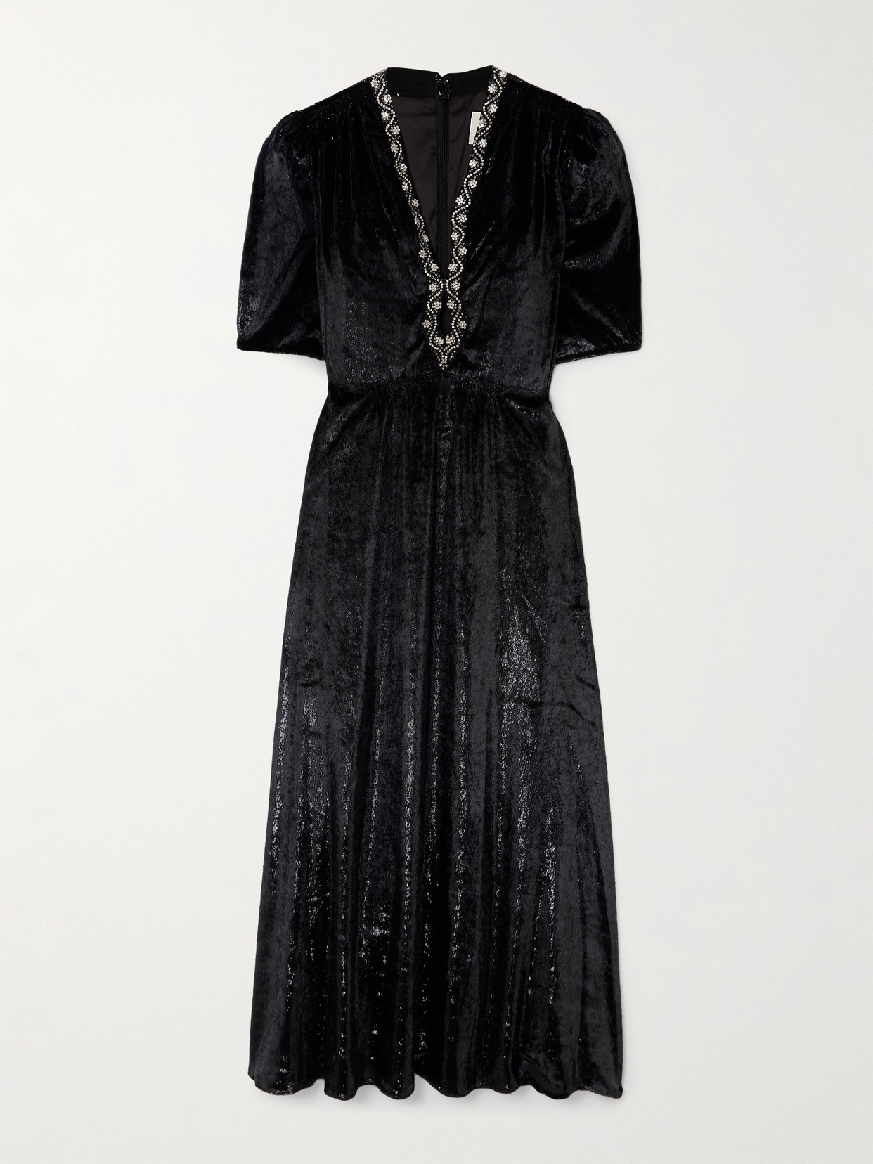 Saloni - Tabitha Embellished Metallic Velvet Midi Dress - Black