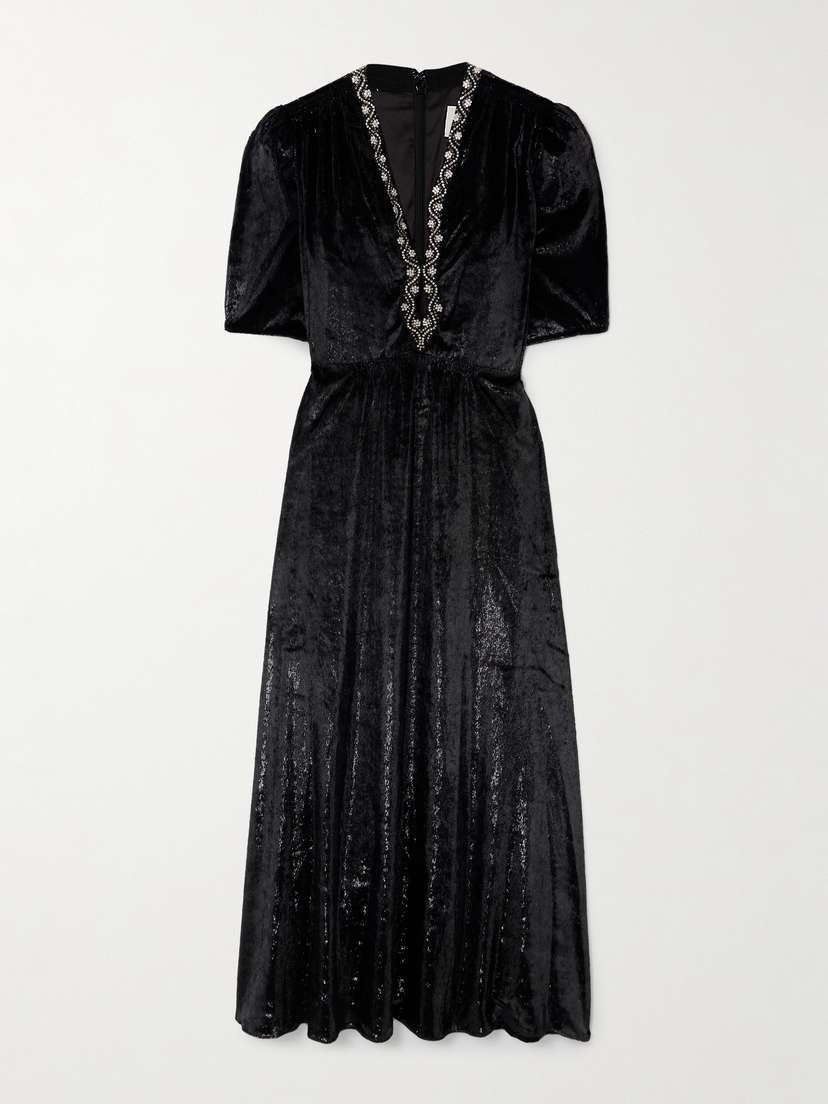Saloni Tabitha Embellished Metallic Velvet Midi Dress