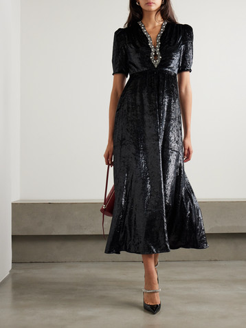 Saloni Tabitha embellished metallic velvet midi dress
