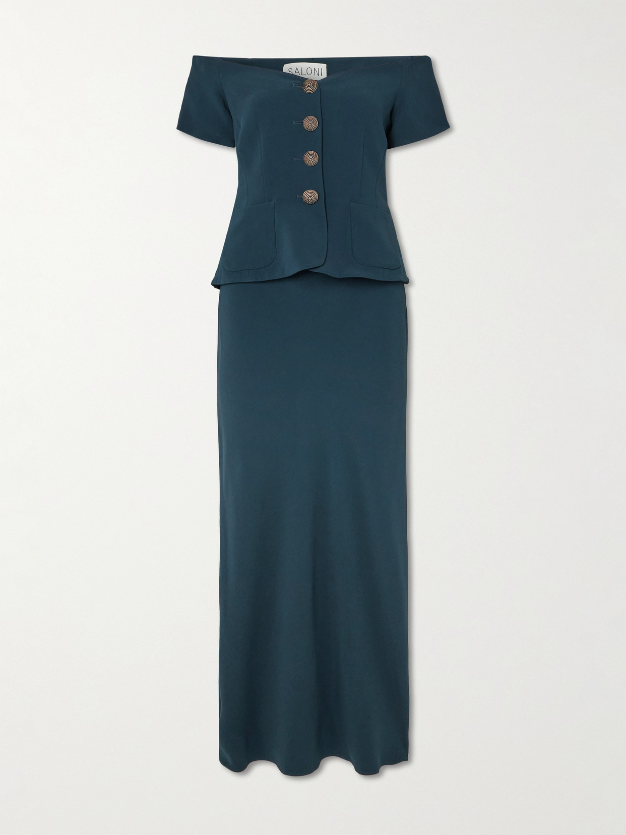 Saloni Clementine Off-the-shoulder Embellished Cady Midi Dress In Blue