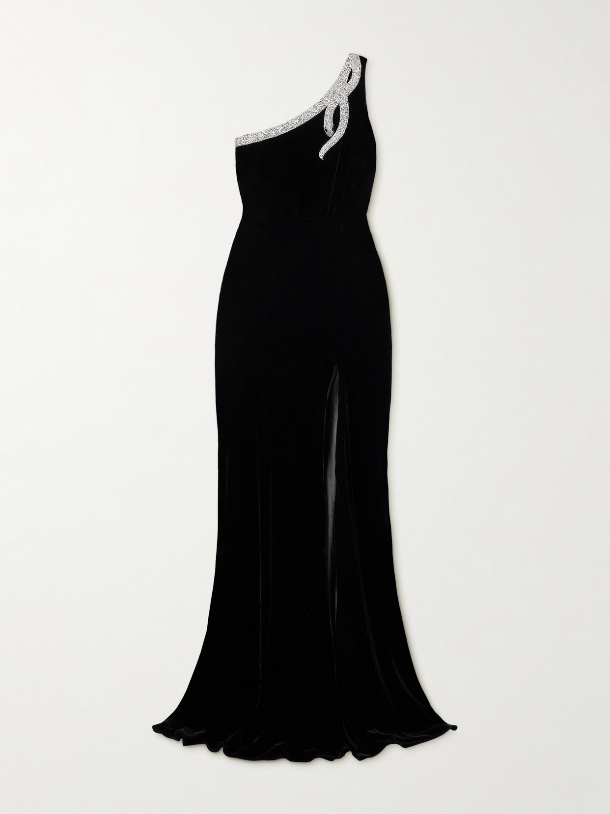 Saloni Justine One-shoulder Crystal-embellished Velvet Gown In Black