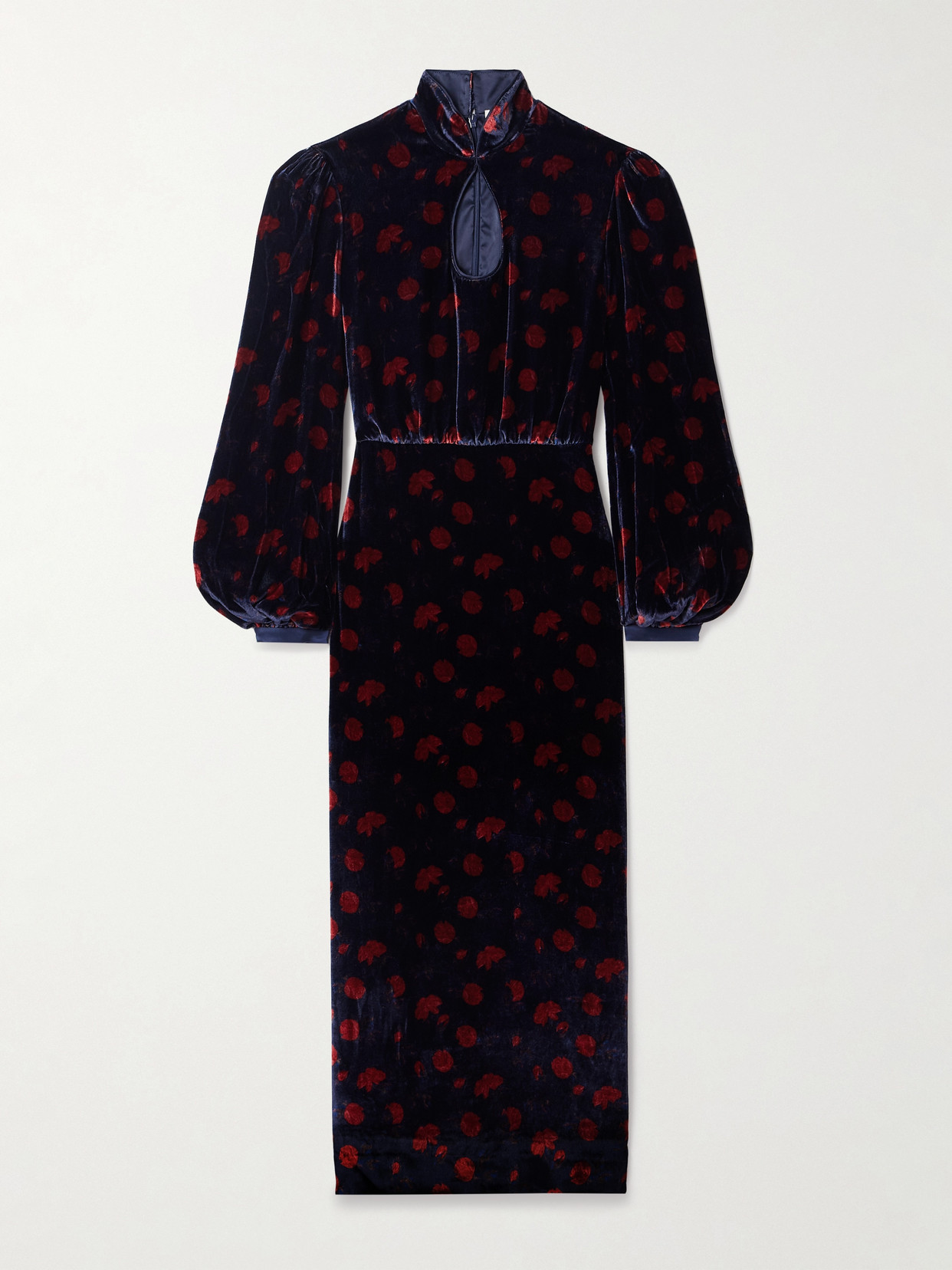 Saloni Domino Cutout Floral-print Velvet Turtleneck Midi Dress In Blue
