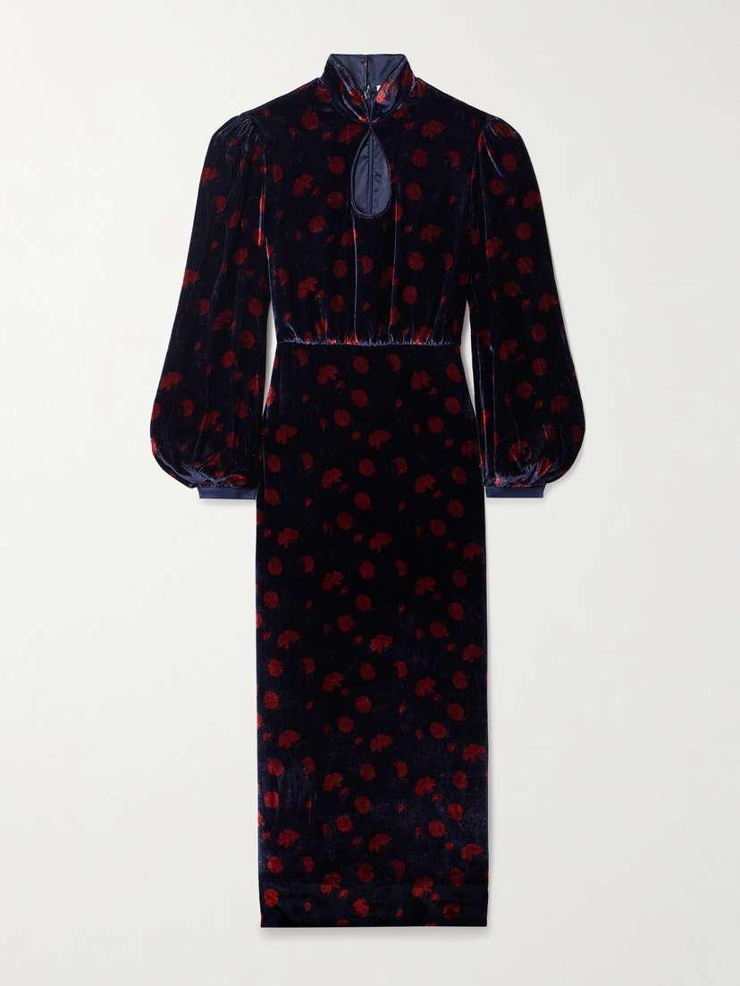 Saloni Domino Cutout Floral-print Velvet Turtleneck Midi Dress