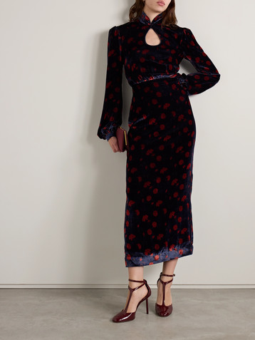 Saloni Domino cutout floral-print velvet turtleneck midi dress