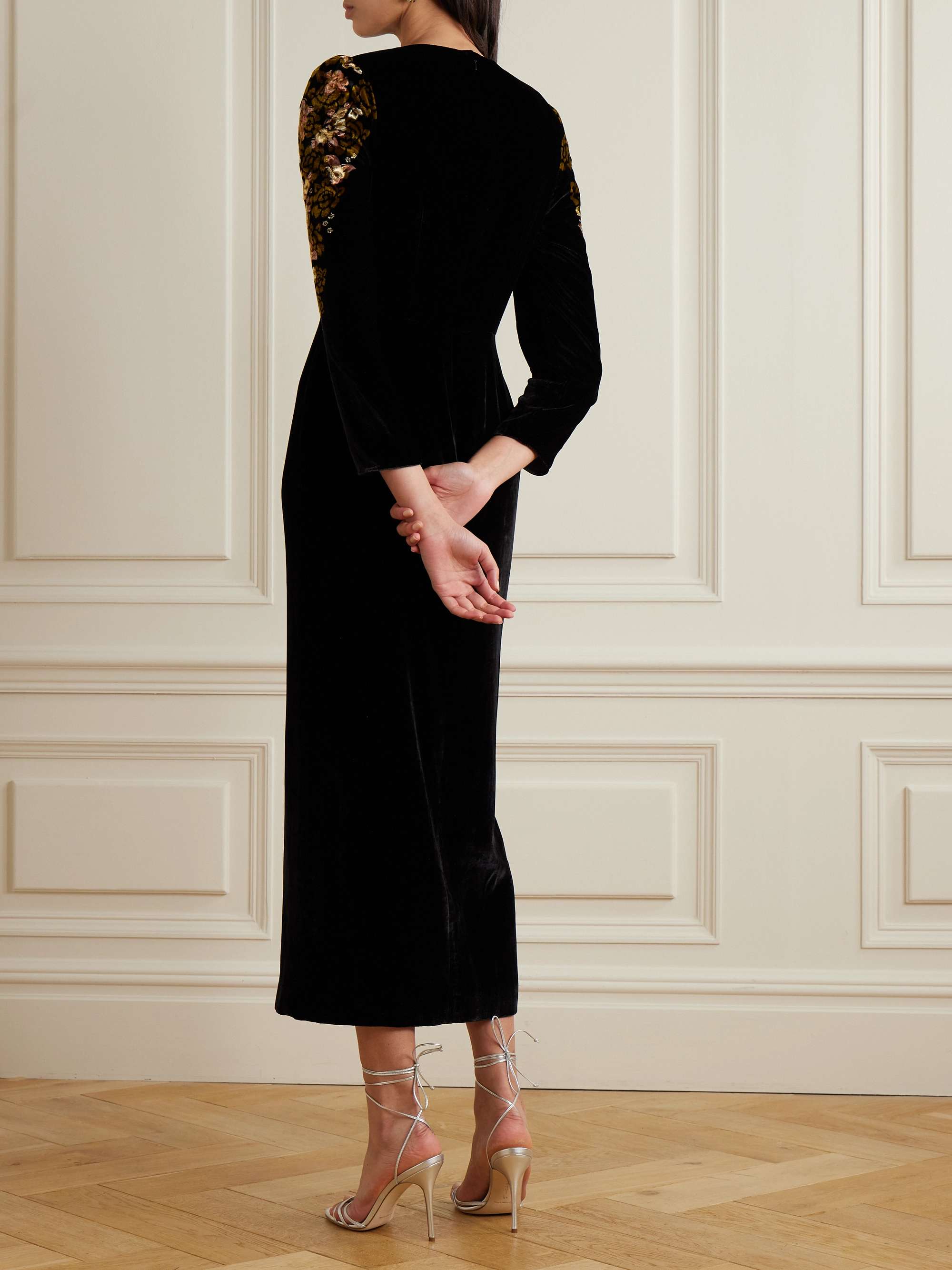 SALONI Jinx C embellished silk-trimmed velvet midi dress