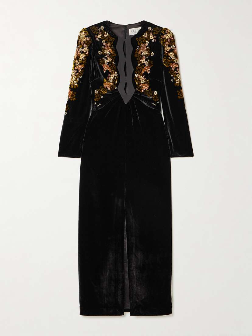 Saloni Jinx C Silk-trimmed Floral-print Velvet Midi Dress