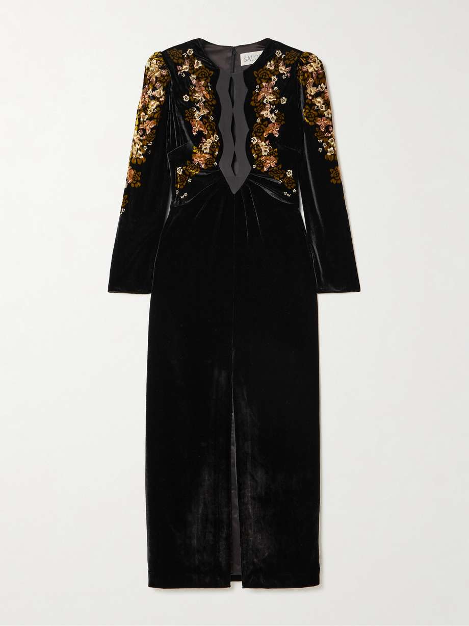 jinx c silk-trimmed floral-print velvet midi dress