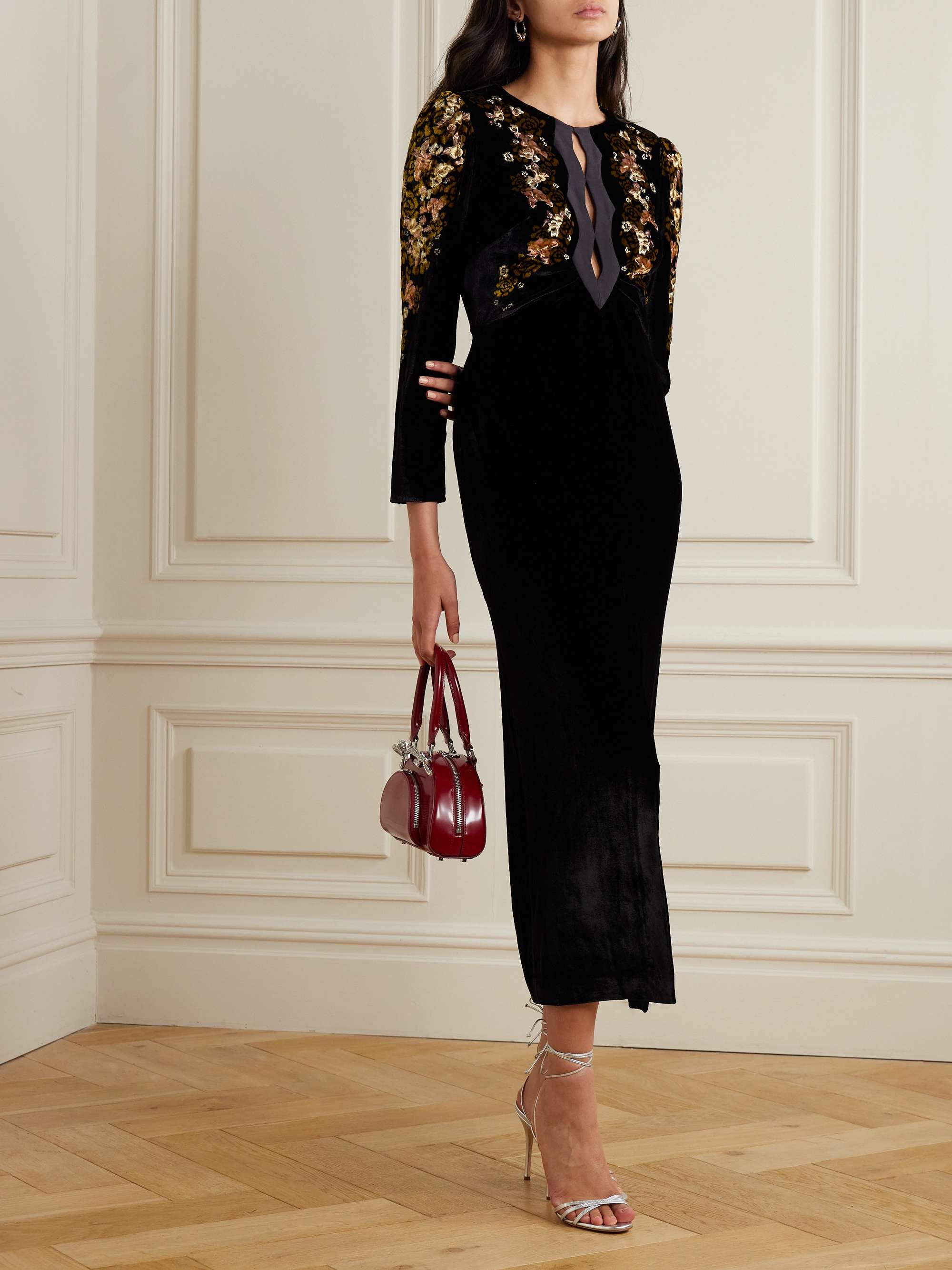 SALONI Jinx C silk-trimmed floral-print velvet midi dress