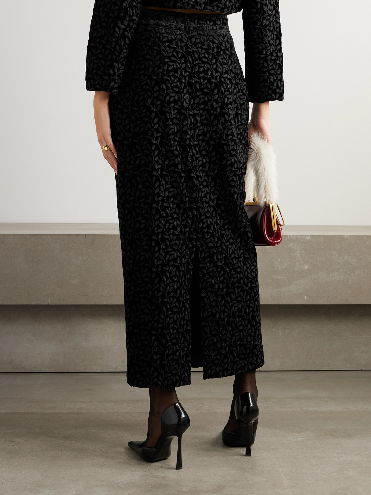 Nat Satin-Trimmed Embroidered Velvet Midi