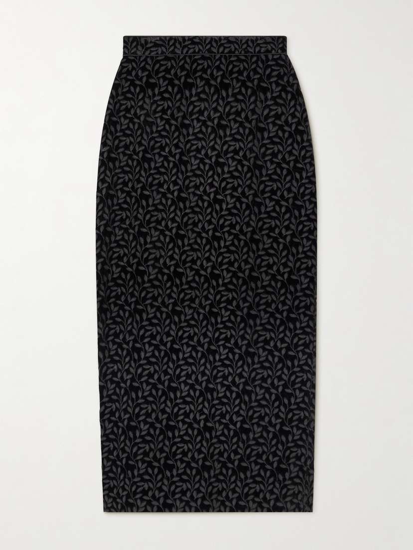 Saloni Nat Satin-trimmed Embroidered Velvet Midi Skirt