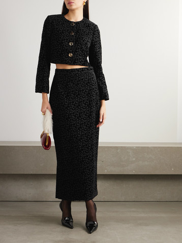 Saloni Nat satin-trimmed embroidered velvet midi skirt