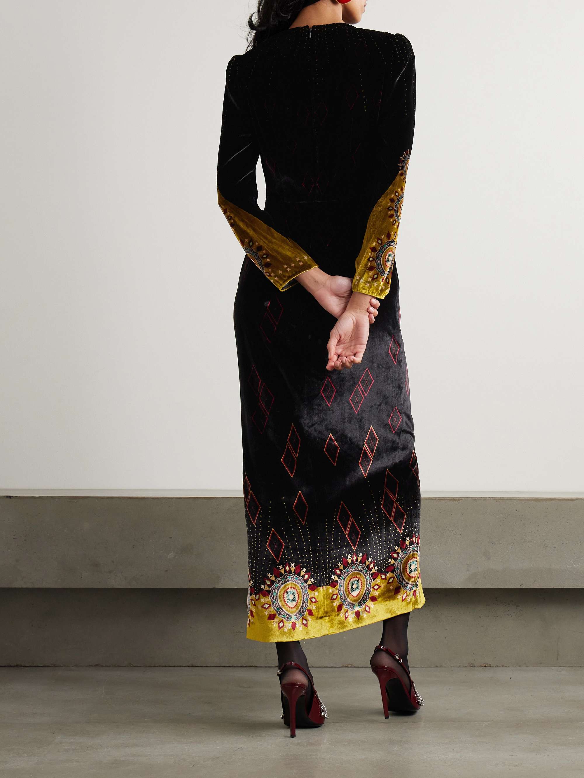 SALONI Jinx C embellished silk-trimmed velvet midi dress