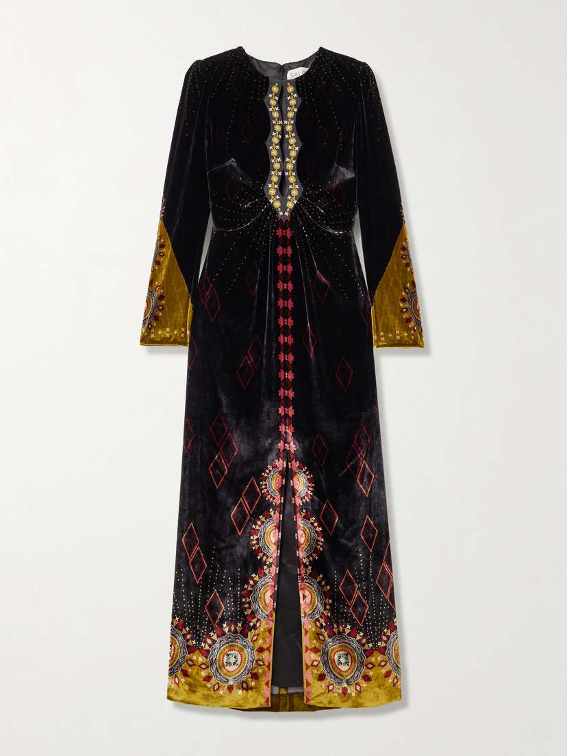 Saloni Jinx C Silk-trimmed Printed Velvet Midi Dress - UK 16