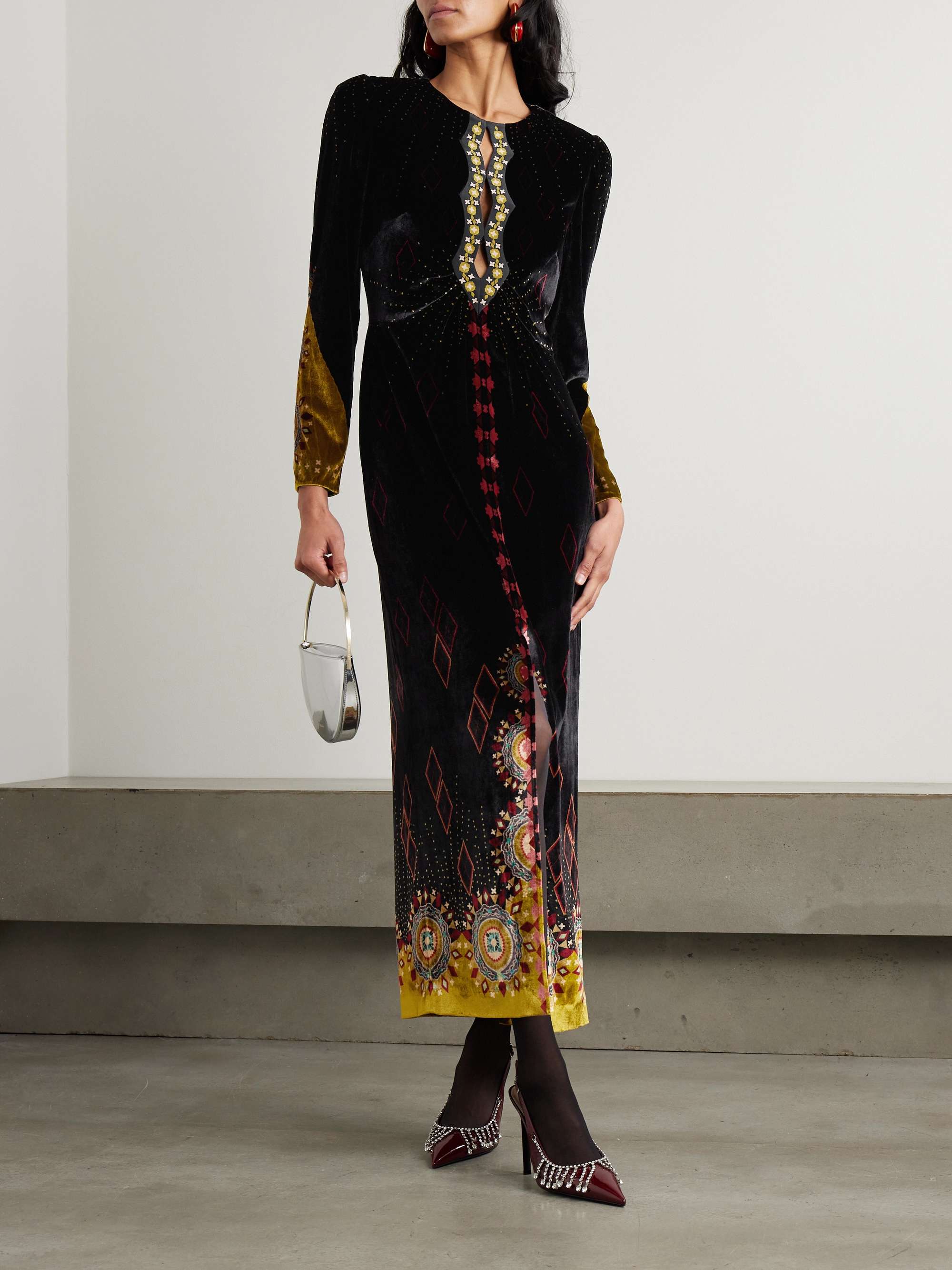 SALONI Jinx C embellished silk-trimmed velvet midi dress