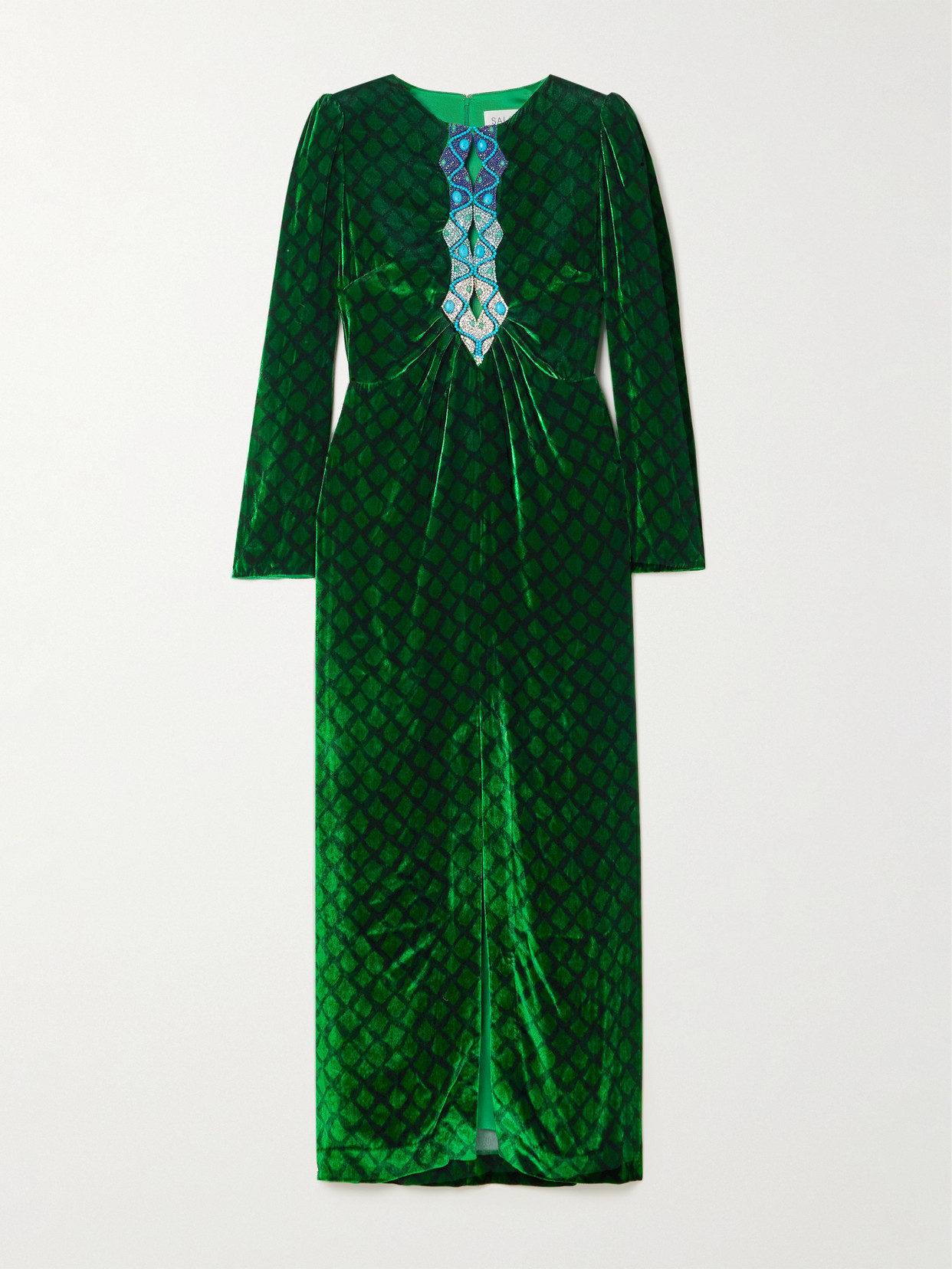 Saloni Jinx C Embellished Silk-trimmed Printed Velvet Midi Dress In Green