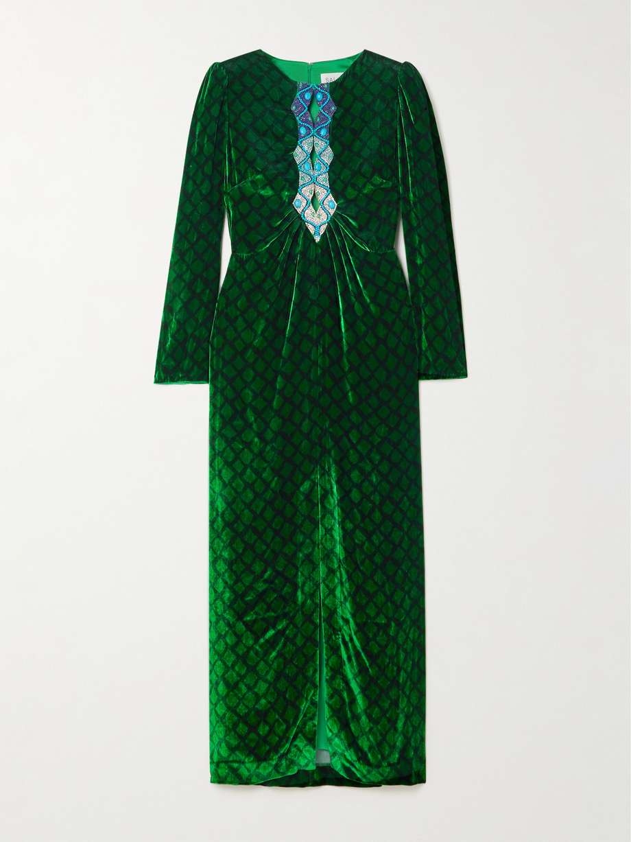 jinx c embellished silk-trimmed printed velvet midi dress