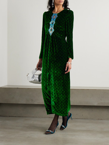 Saloni Jinx C embellished silk-trimmed printed velvet midi dress