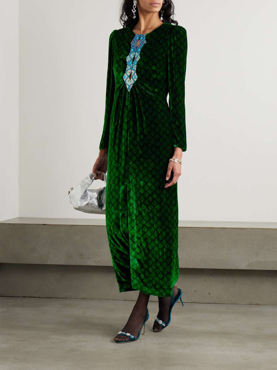 jinx c embellished silk-trimmed printed velvet midi dress