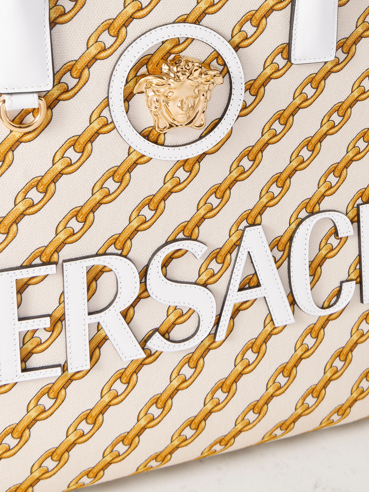 Versace Appliquéd Printed Leather-trimmed Cotton-canvas Tote Bag In Yellow